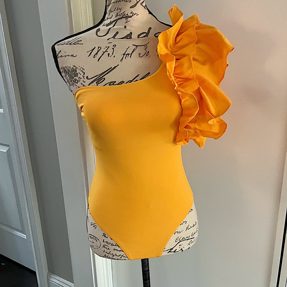 Zara Large Ruffle One Shoulder One Piece Swimsuit in Bright Yellow - Picture 14 of 15